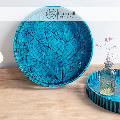 Khay Khảm Trai Tròn  Màu Sắc Blue Sáng Tạo Đựng Bánh, Cafe
