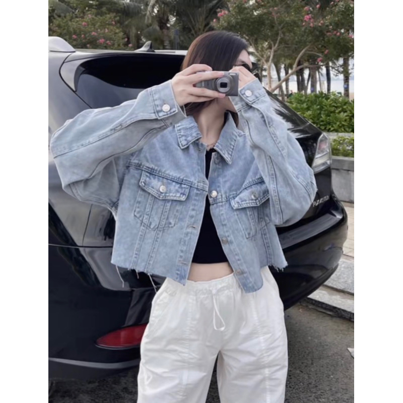 Áo Khoác Jeans Xanh Crotop Z.A.R.A  Áo Khoác Jeans Ngắn Tay Dài Cho Nữ