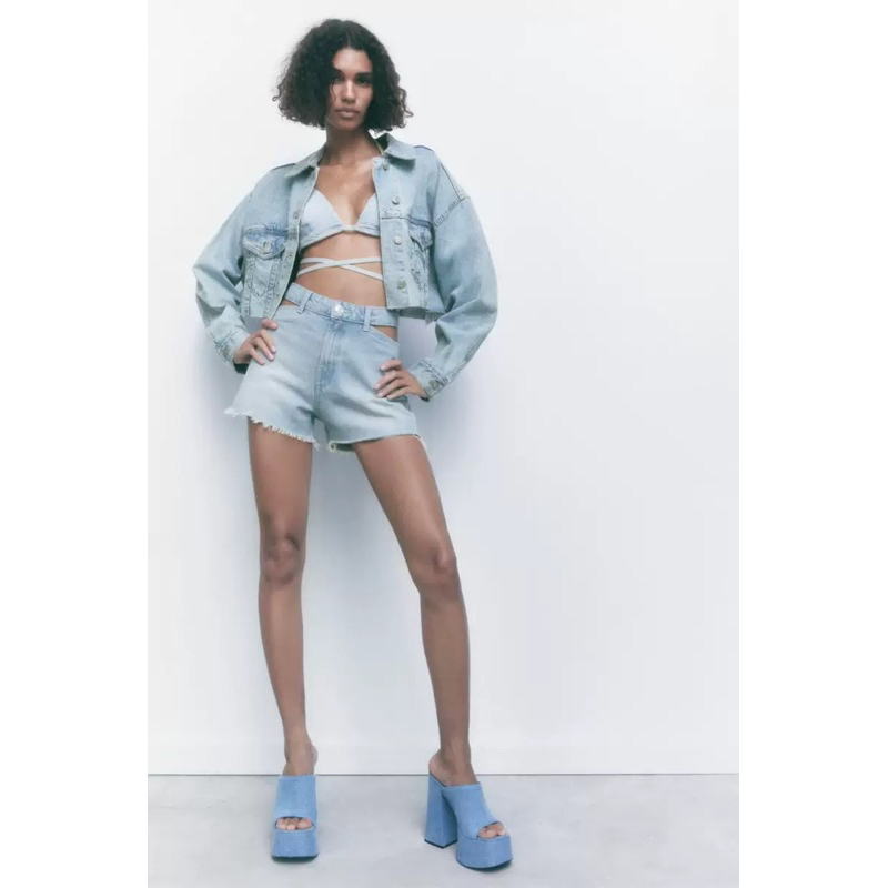 Áo Khoác Jeans Xanh Crotop Z.A.R.A  Áo Khoác Jeans Ngắn Tay Dài Cho Nữ