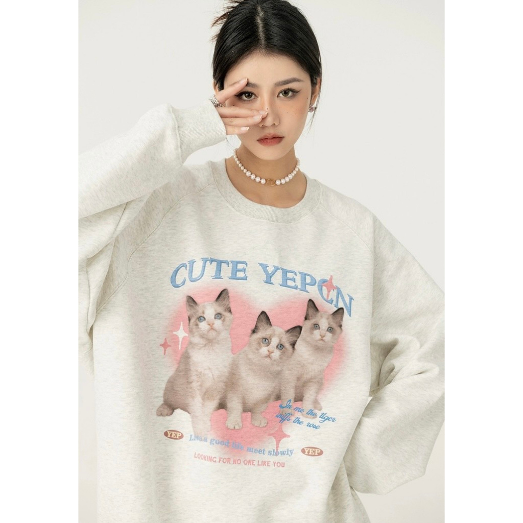 Áo Sweater Nỉ Bông ATHANOR Form Rộng Oversize Cotton Xám Tiêu Mẫu PINK CAT