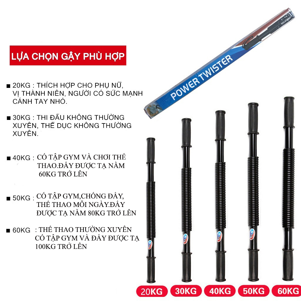 Gậy bẻ tập cơ tay vai gậy lò xo lực 20kg, 30kg, 40kg, 50kg, 60kg
