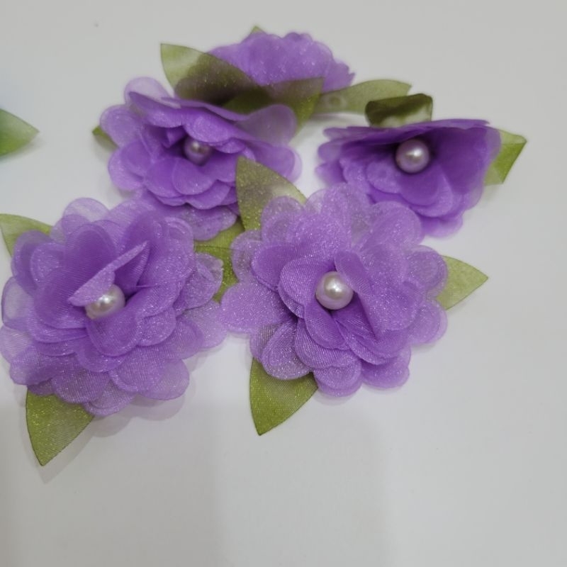 Hoa voan lụa đính ngọc size 4,5cm có lá HÌNH VÀ VIDEO SHOP TỰ CHỤP 100%