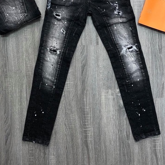 Quần bò jean nam DSQ dài đen rách vẩy sơn đẹp mẫu mới nhât 2023,chất bò co giãn hàng cao cấp chuẩn