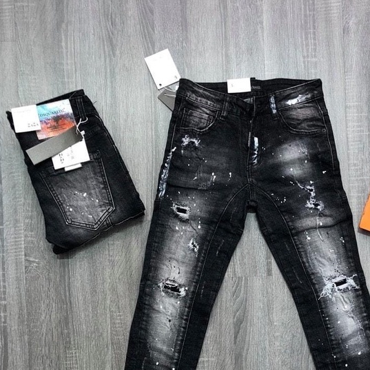 Quần bò jean nam DSQ dài đen rách vẩy sơn đẹp mẫu mới nhât 2023,chất bò co giãn hàng cao cấp chuẩn