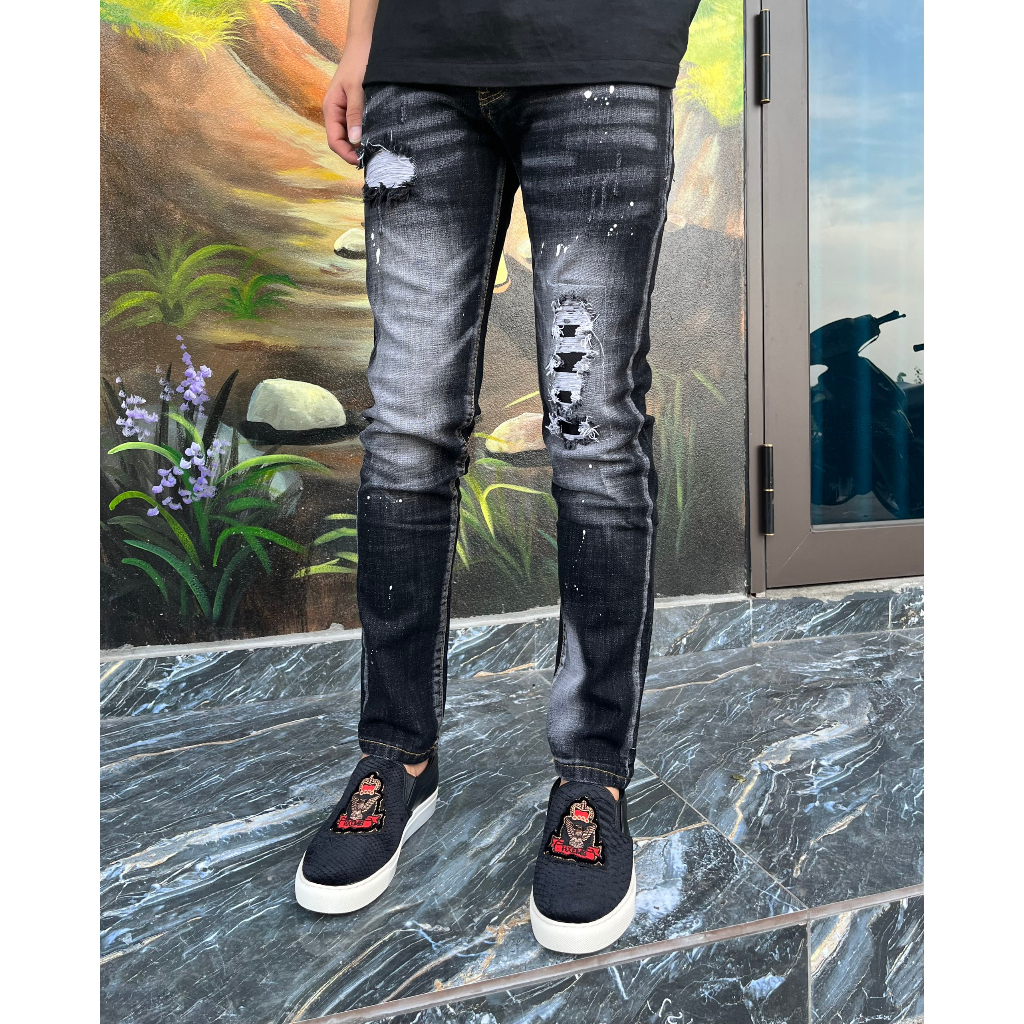 Quần bò jean nam DSQ dài đen rách vẩy sơn đẹp mẫu mới nhât 2023,chất bò co giãn hàng cao cấp chuẩn