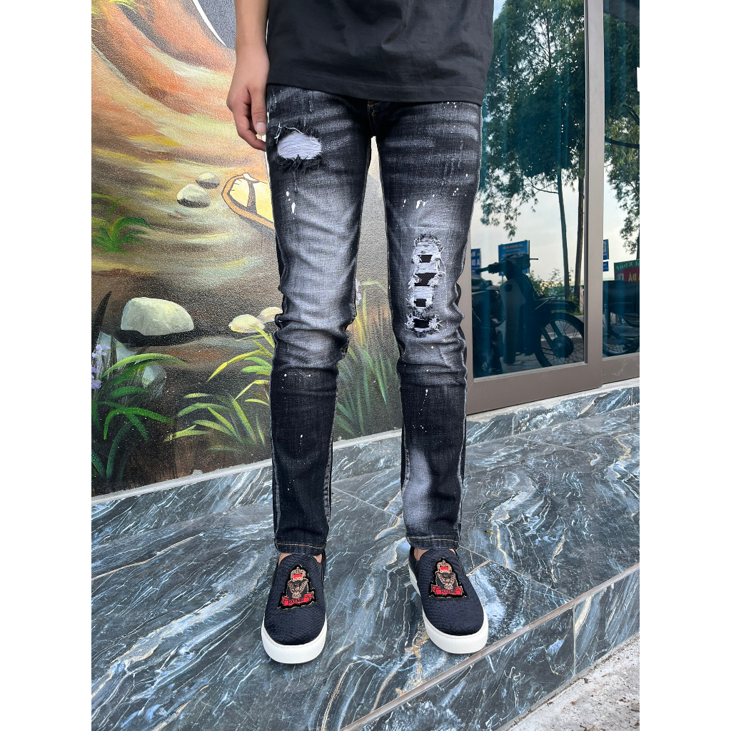 Quần bò jean nam DSQ dài đen rách vẩy sơn đẹp mẫu mới nhât 2023,chất bò co giãn hàng cao cấp chuẩn