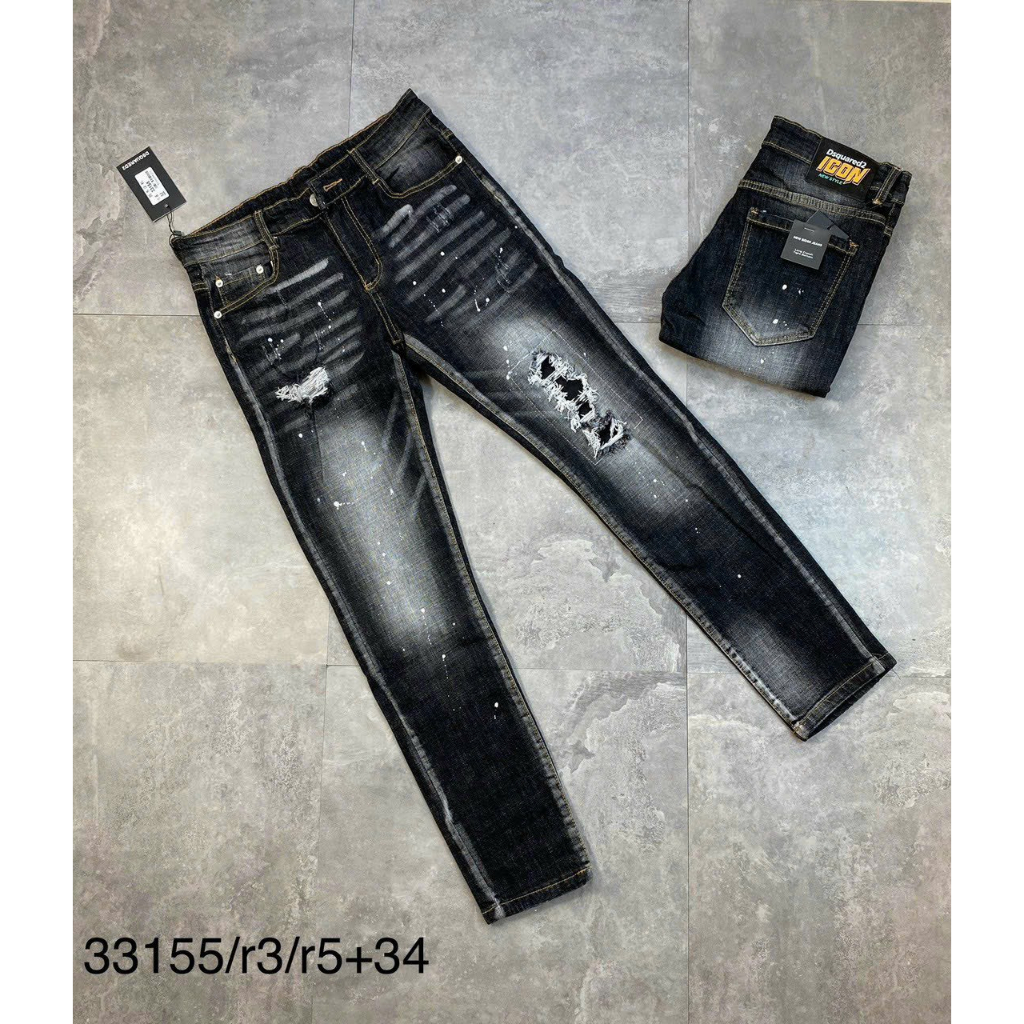 Quần bò jean nam DSQ dài đen rách vẩy sơn đẹp mẫu mới nhât 2023,chất bò co giãn hàng cao cấp chuẩn