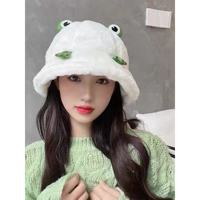 Mũ Bucket🌸 Phối Lông Dày Dặn Ấm Áp nón tai bèo Lông Hình Chú Ếch nón rộng vành Dễ Thương Phong Cách Hàn Quốc Thu Đông