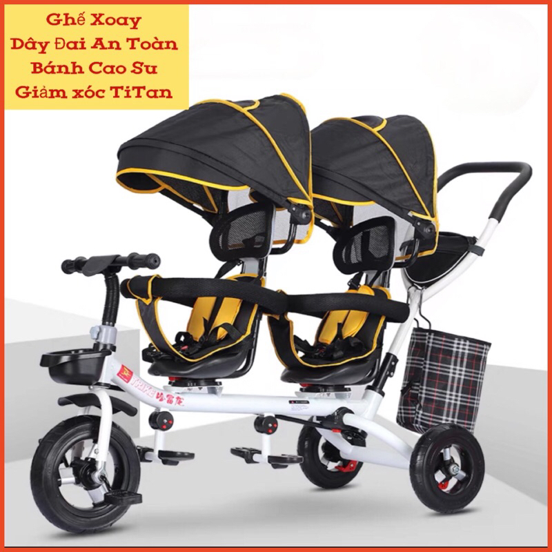 Xe đẩy đôi cho bé(Hàng Cao Cấp) bánh cao su, ghế xoay 360 độ