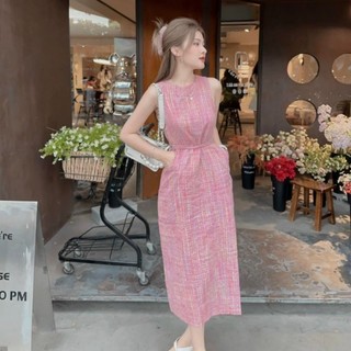 Đầm suông nữ thời trang mặc đi chơi chất vải caro xốp đầm có lót cột dây ở eo,