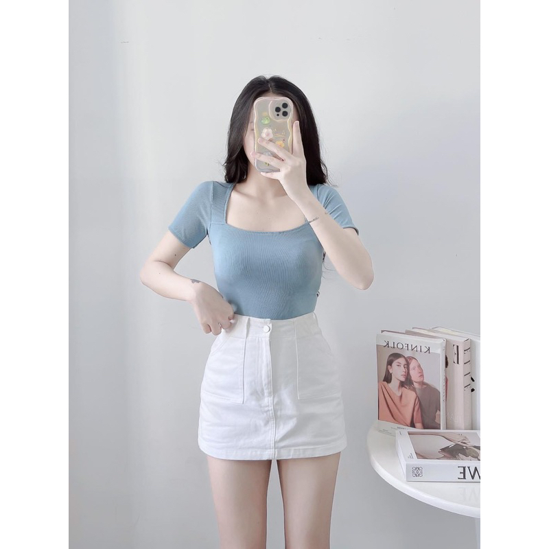 Áo thun gân tăm cổ vuông, tay ngắn