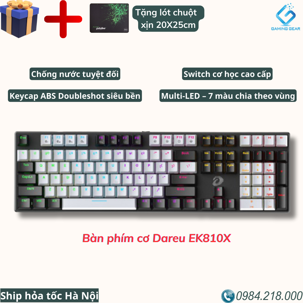 Bàn Phím Cơ Dareu EK810X - Màu Đen Trắng - Đèn led 7 Màu - Chống Nước Tuyệt Đối - Keycap ABS Siêu Bền