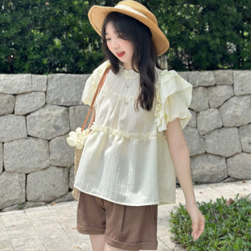 Áo sơ mi kiểu cổ bèo - Áo babydoll tay bồng vạt cánh tiên dáng xoè chất liệu đũi gân sóng xinh xắn