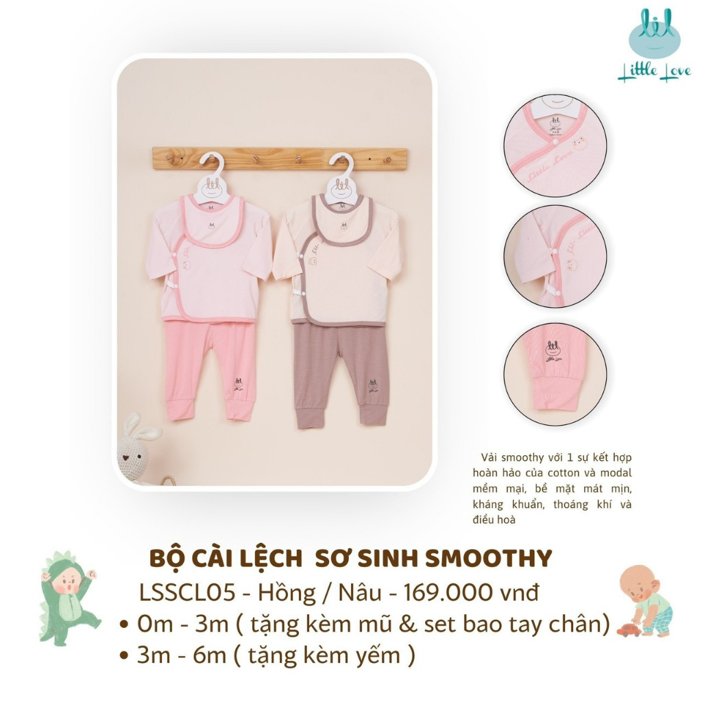 Bộ cài lệch sơ sinh Smoothy Little Love Tặng kèm nón, bao tay chân / yếm