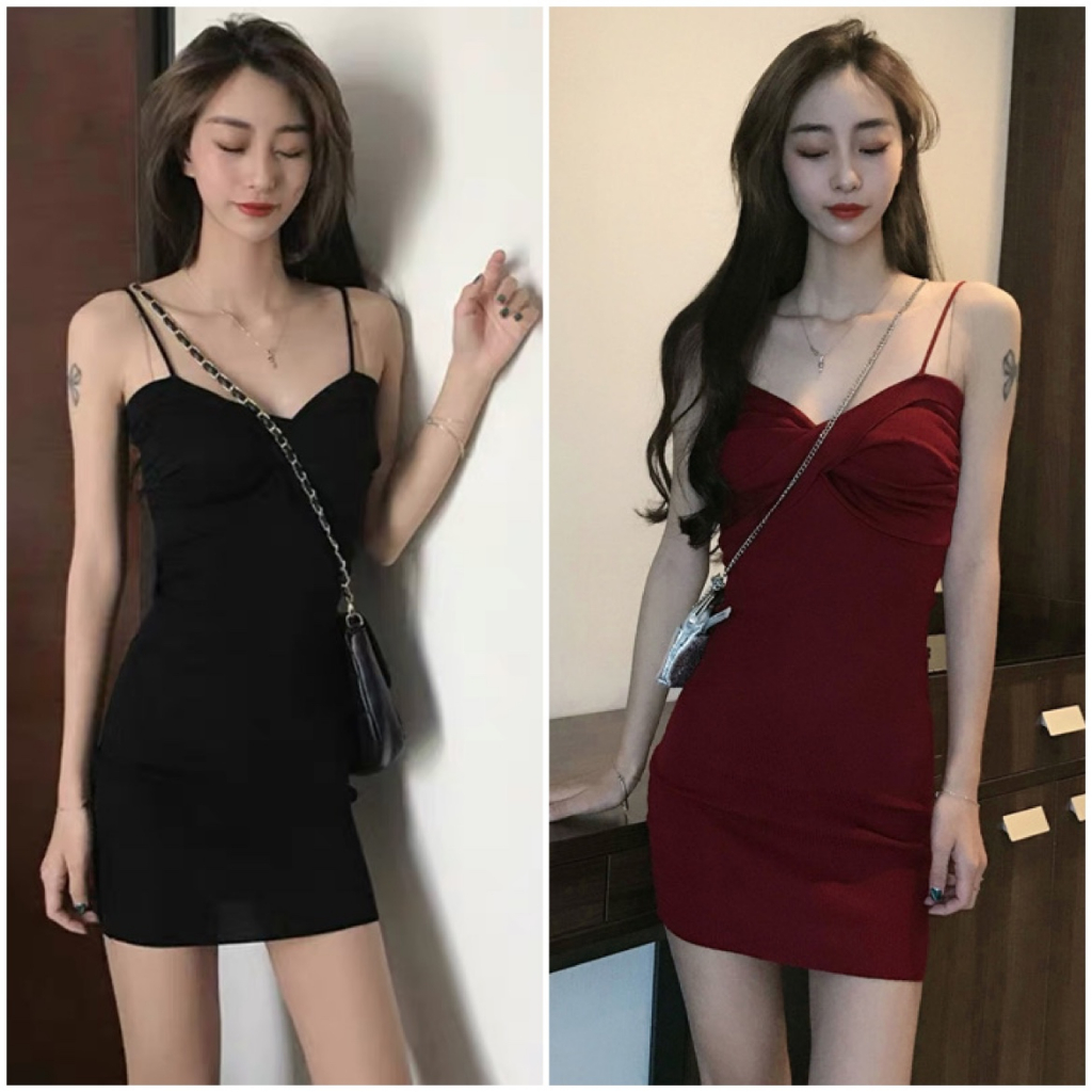 Váy 2 dây đầm body len nữ dáng ôm ngắn sát nách thiết kế xoắn ngực quyến rũ hàng dệt kim đẹp Quảng Châu
