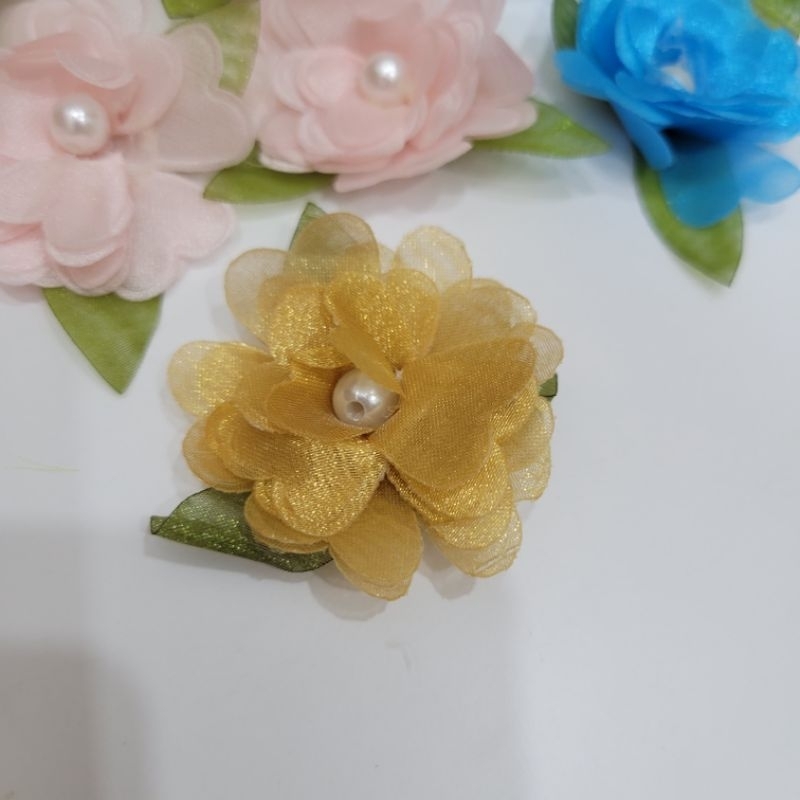 Hoa voan lụa đính ngọc size 4,5cm có lá HÌNH VÀ VIDEO SHOP TỰ CHỤP 100%