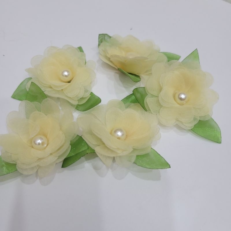 Hoa voan lụa đính ngọc size 4,5cm có lá HÌNH VÀ VIDEO SHOP TỰ CHỤP 100%
