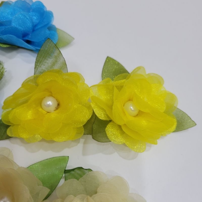 Hoa voan lụa đính ngọc size 4,5cm có lá HÌNH VÀ VIDEO SHOP TỰ CHỤP 100%