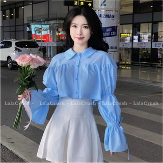 Áo sơ mi cổ bèo croptop tay bo chun thắt nơ cách điệu