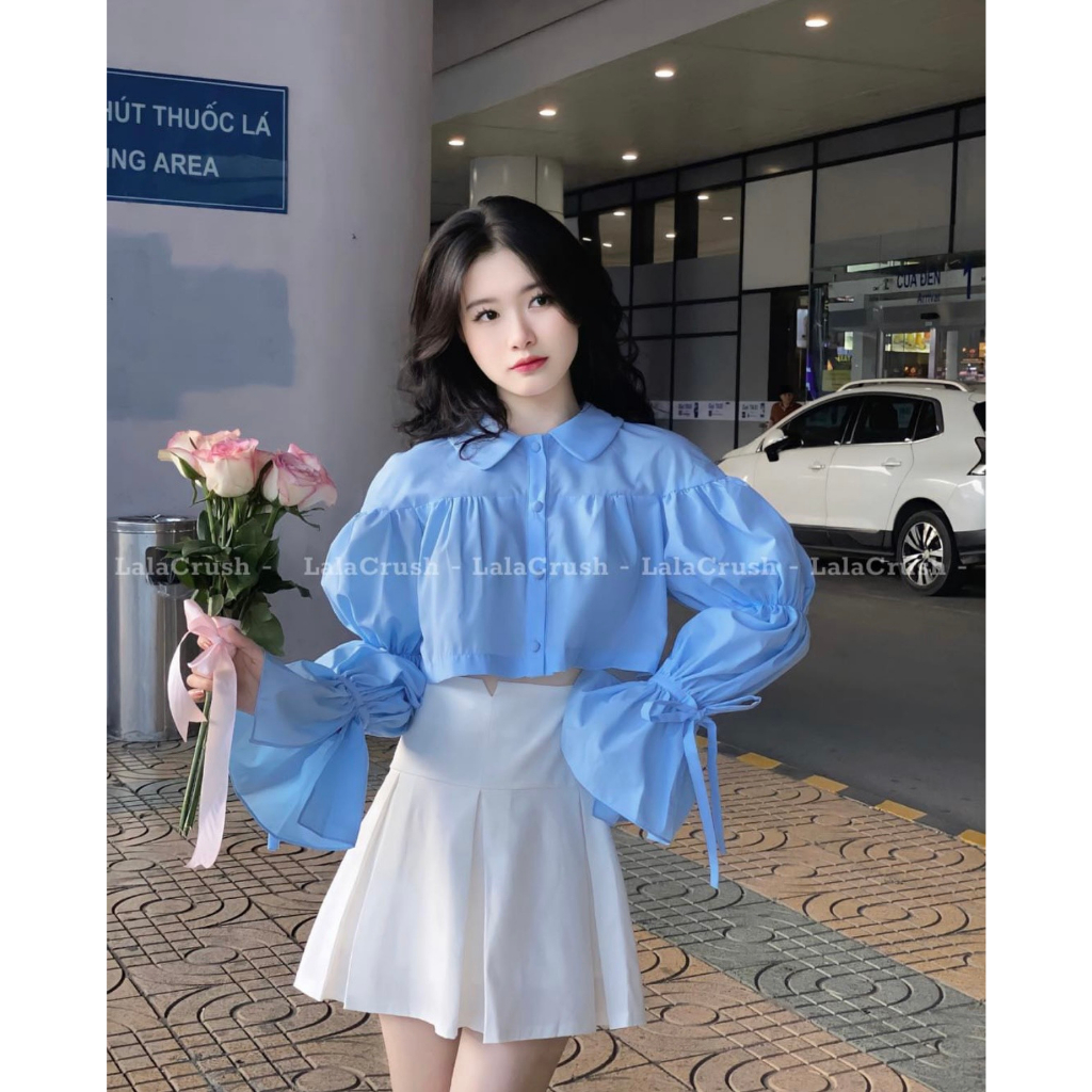 Áo sơ mi cổ bèo croptop tay bo chun thắt nơ cách điệu