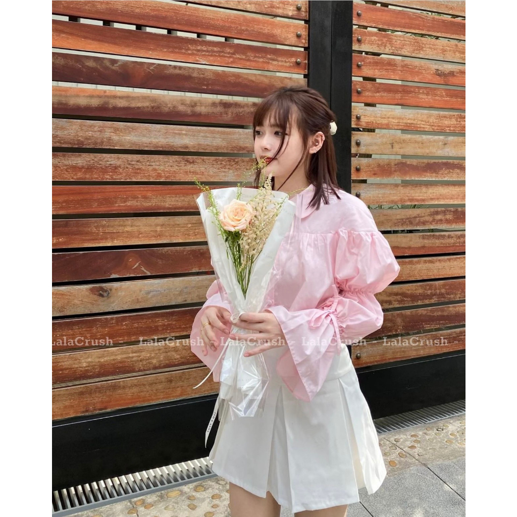 Áo sơ mi cổ bèo croptop tay bo chun thắt nơ cách điệu