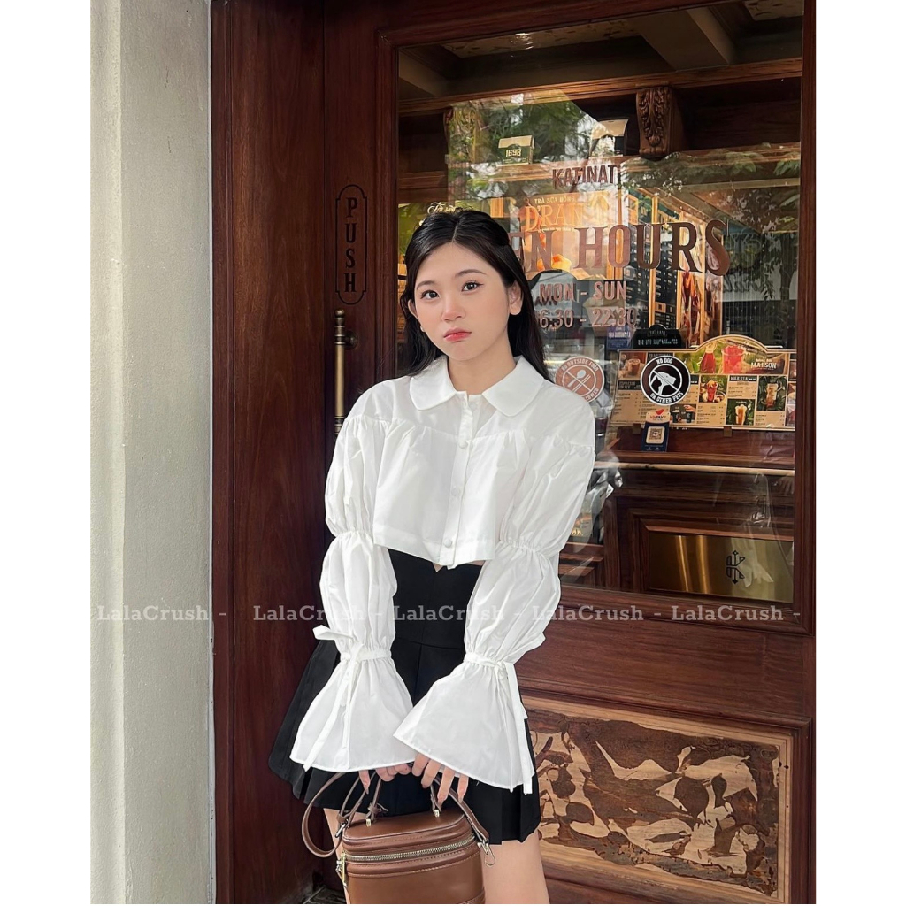 Áo sơ mi cổ bèo croptop tay bo chun thắt nơ cách điệu
