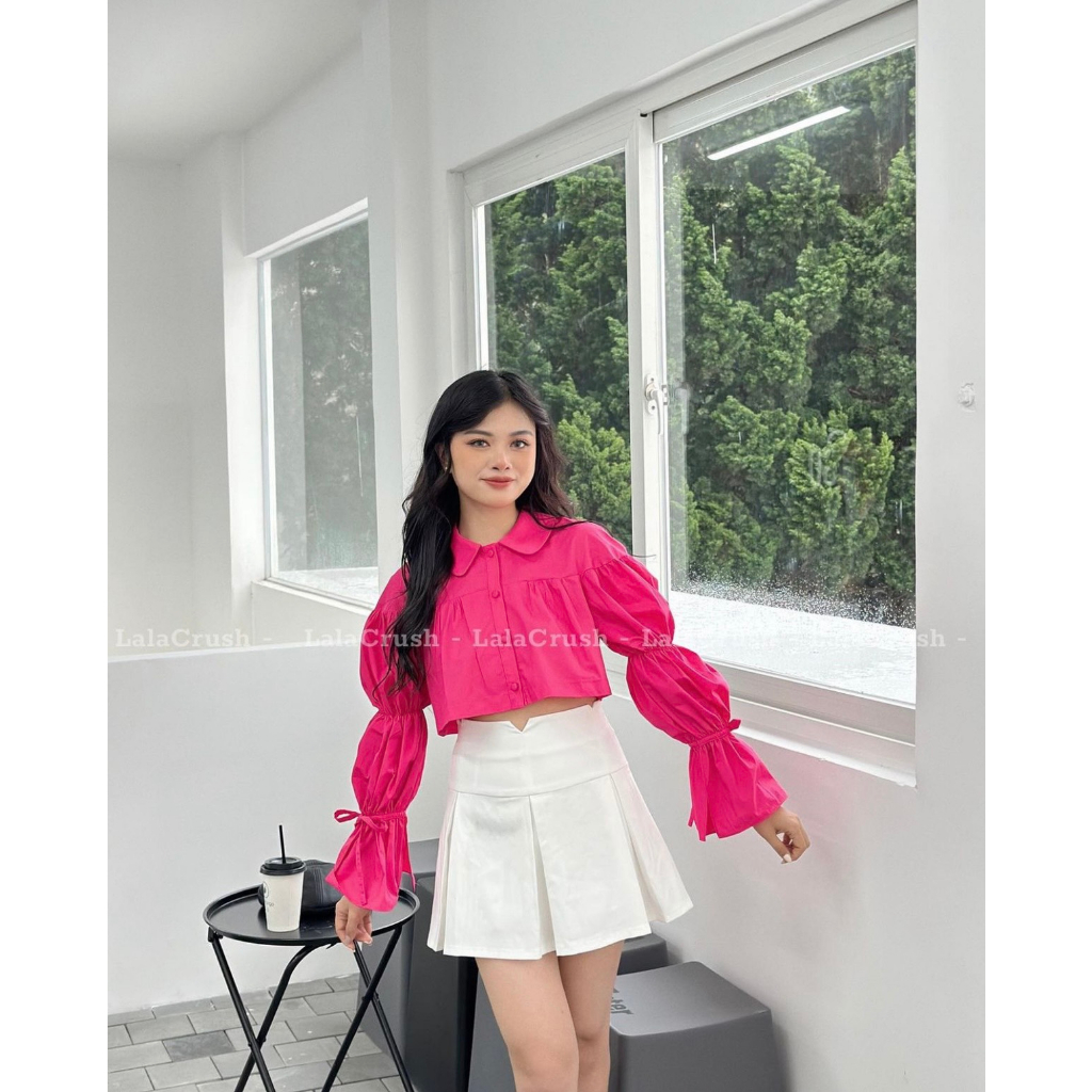 Áo sơ mi cổ bèo croptop tay bo chun thắt nơ cách điệu
