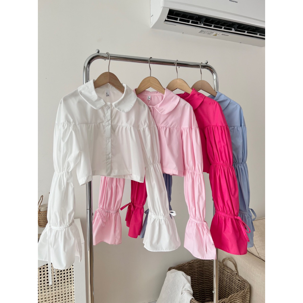 Áo sơ mi cổ bèo croptop tay bo chun thắt nơ cách điệu
