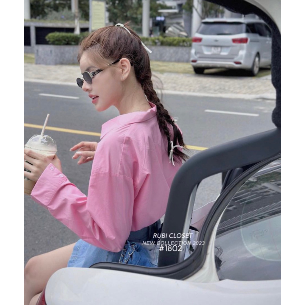 SET ÁO SƠ MI HỒNG CROPTOP RÚT EO + CHÂN VÁY JEAN