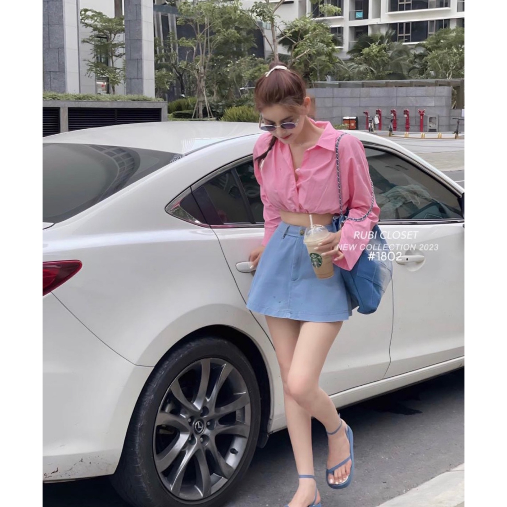 SET ÁO SƠ MI HỒNG CROPTOP RÚT EO + CHÂN VÁY JEAN
