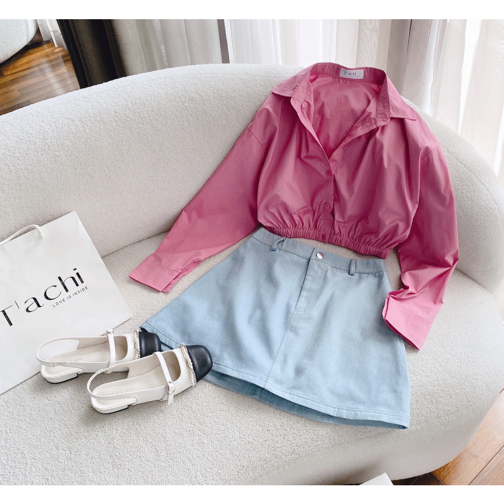SET ÁO SƠ MI HỒNG CROPTOP RÚT EO + CHÂN VÁY JEAN
