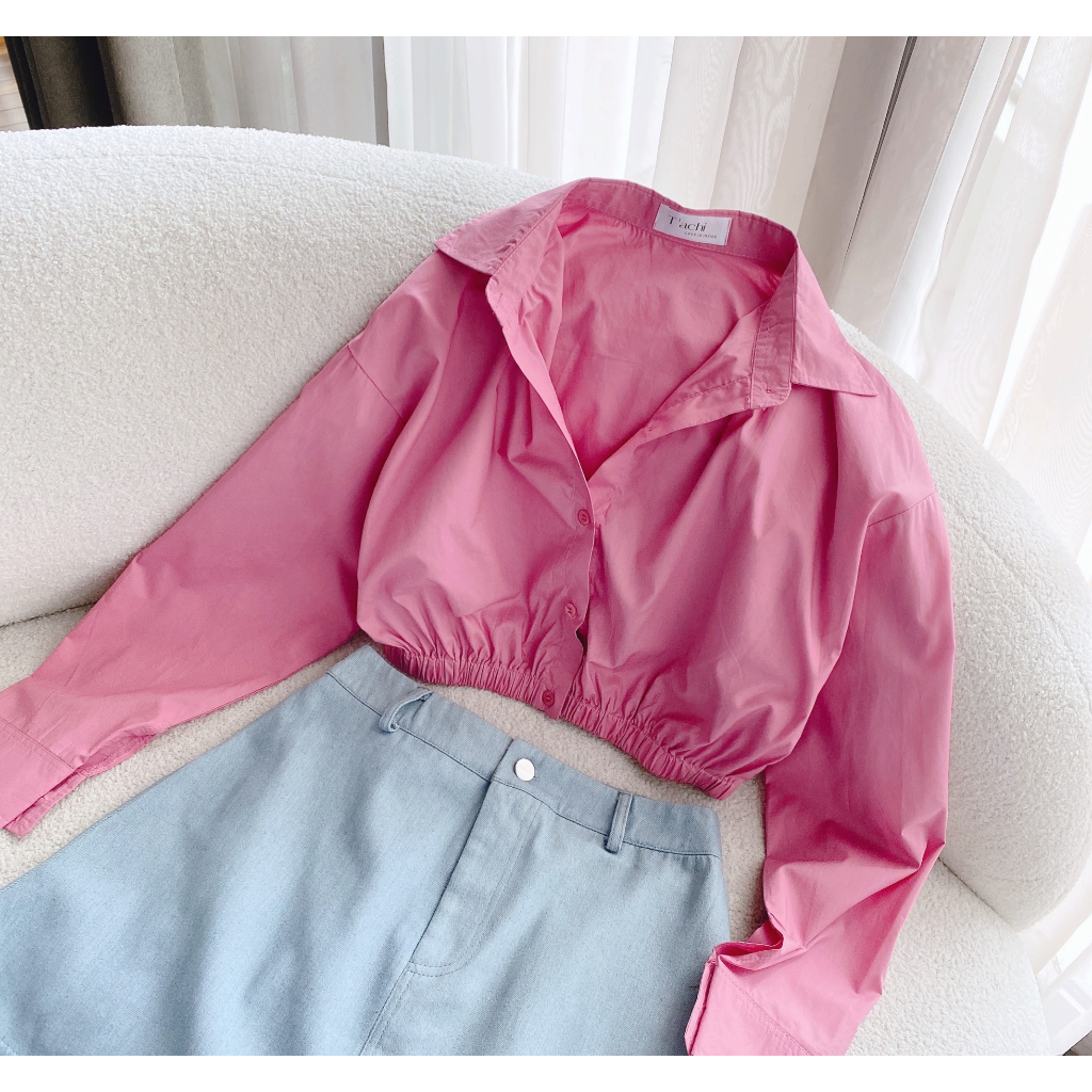 SET ÁO SƠ MI HỒNG CROPTOP RÚT EO + CHÂN VÁY JEAN