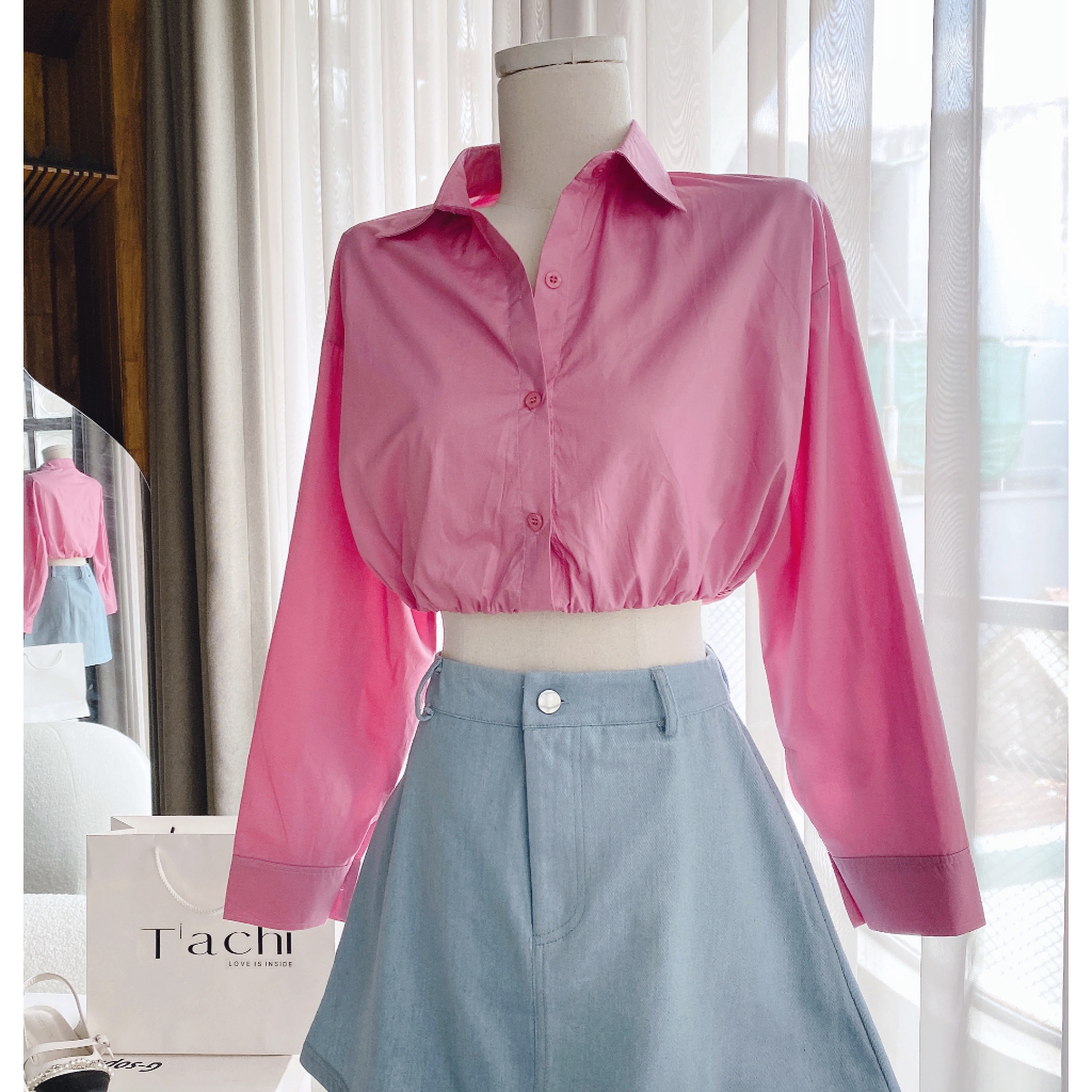 SET ÁO SƠ MI HỒNG CROPTOP RÚT EO + CHÂN VÁY JEAN