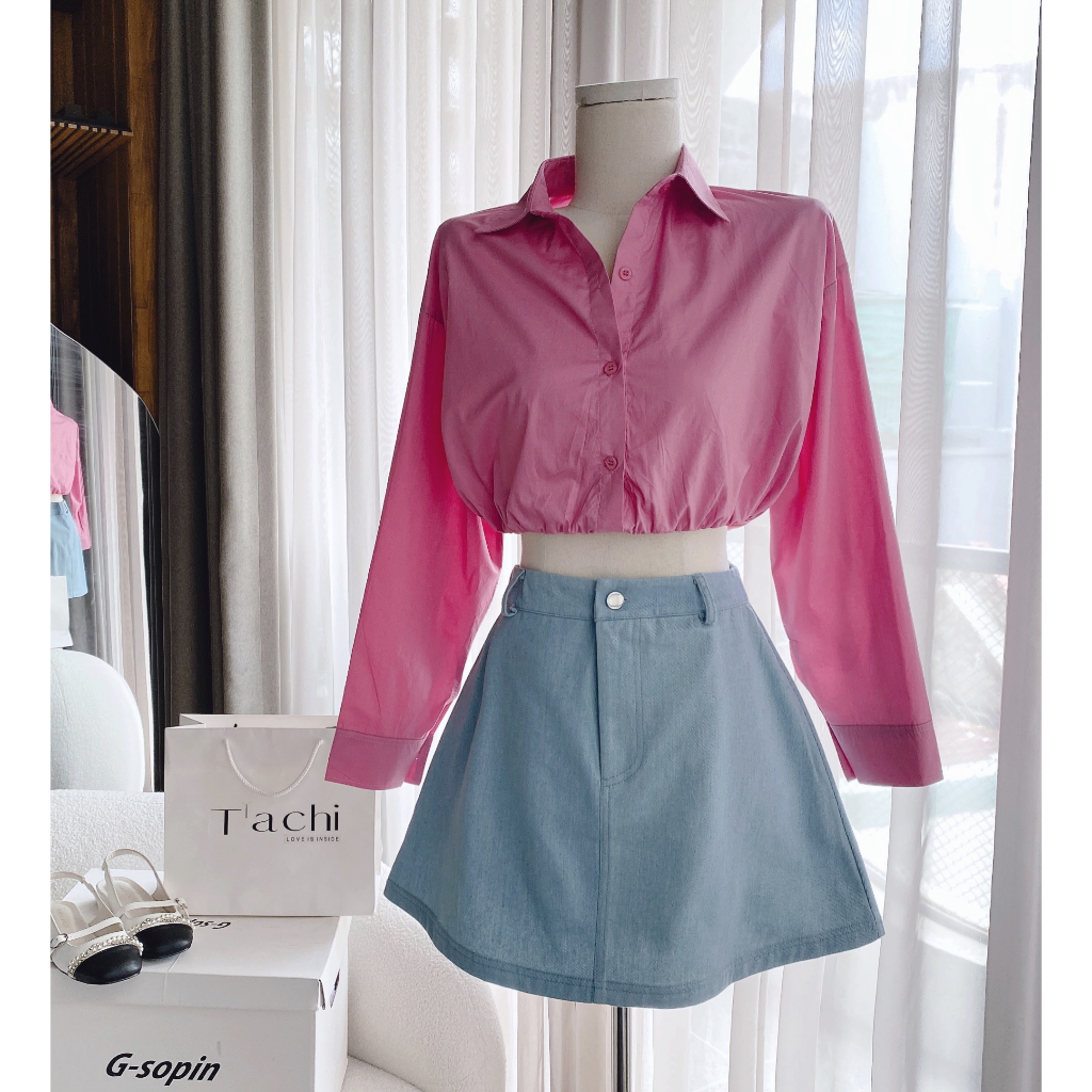 SET ÁO SƠ MI HỒNG CROPTOP RÚT EO + CHÂN VÁY JEAN