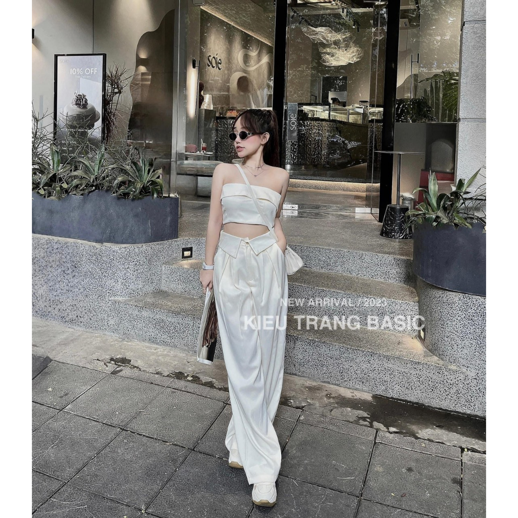 SET ÁO ỐNG LẬT NGỰC CROPTOP + QUẦN SUÔNG LẬT LƯNG TRẮNG (TH)