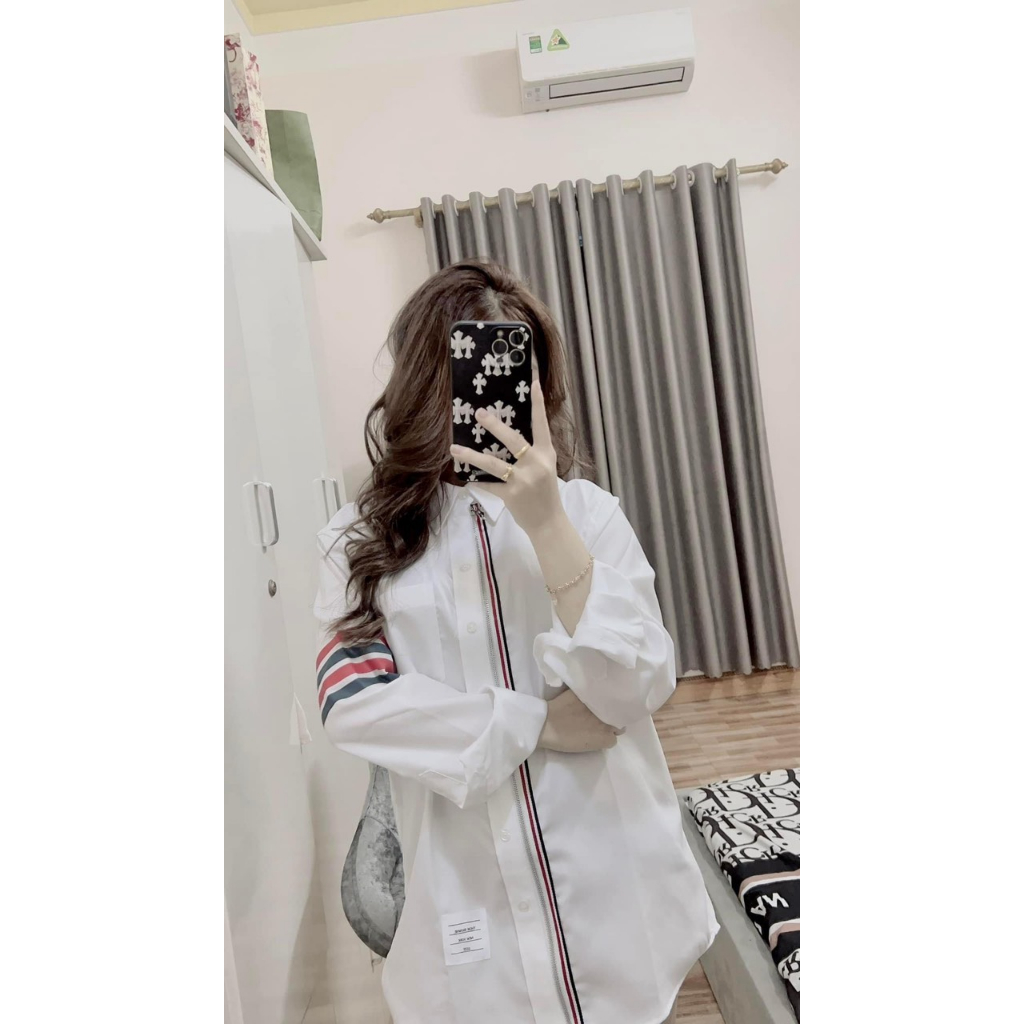 Áo sơ mi nam nữ khóa kéo dài 4 vạch tay, chất sơ mi lụa chống nhăn mềm mát, dáng unisex 38-60kg