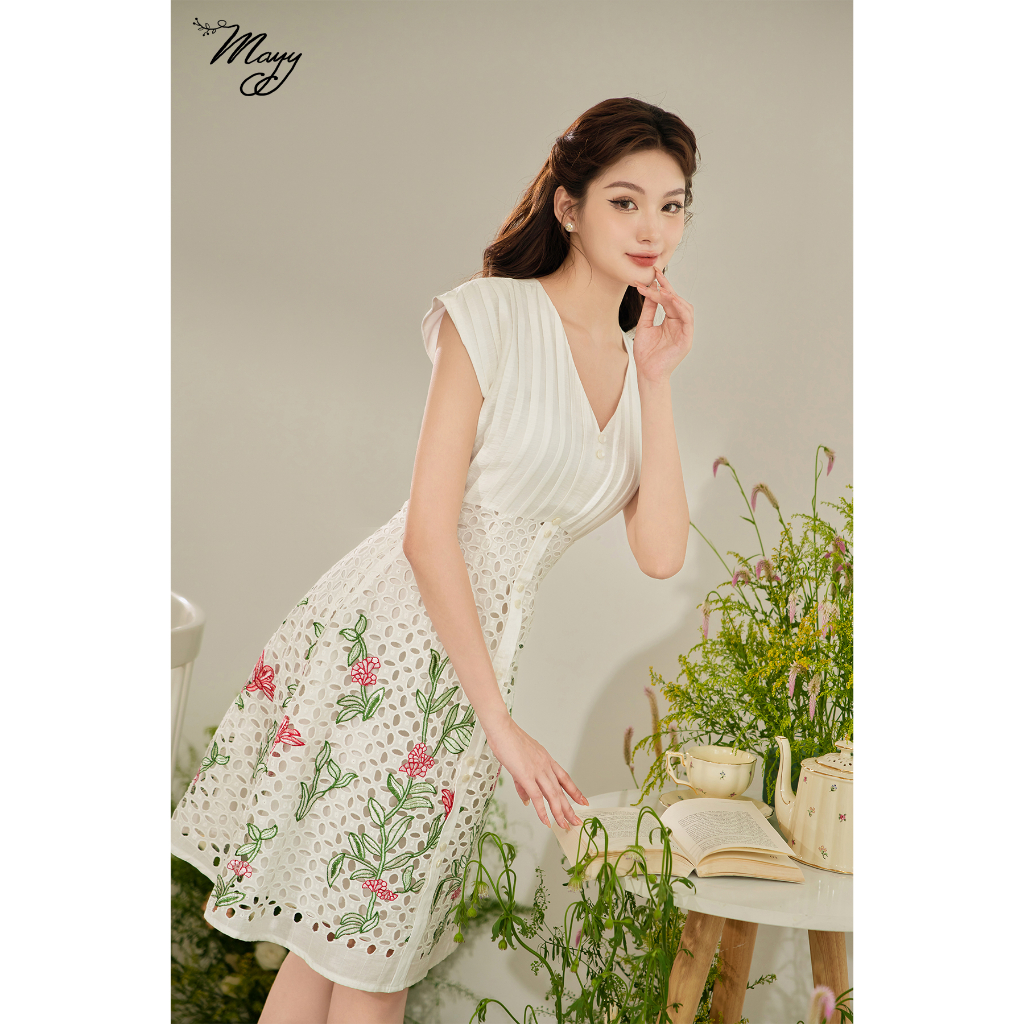 Váy thiết kế MAYY FASHION thô đũi trắng cổ V tay chờm Juliet