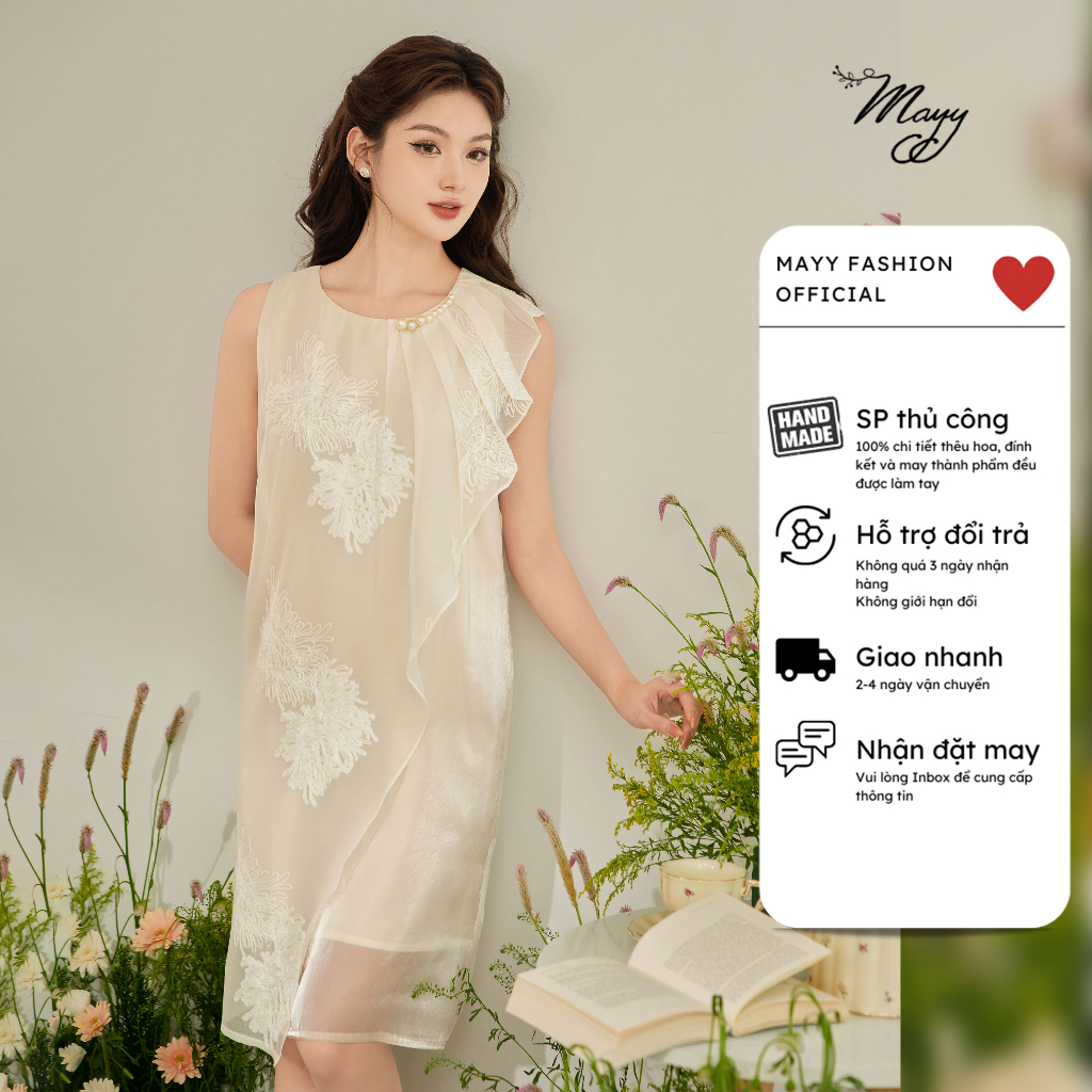 Váy thiết kế MAYY FASHION tơ organza trắng thêu chìm hoa cúc Tuyết Băng