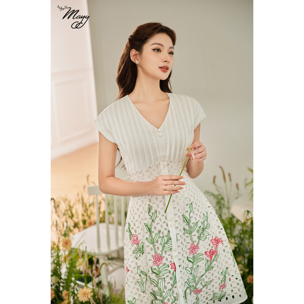 Váy thiết kế MAYY FASHION thô đũi trắng cổ V tay chờm Juliet
