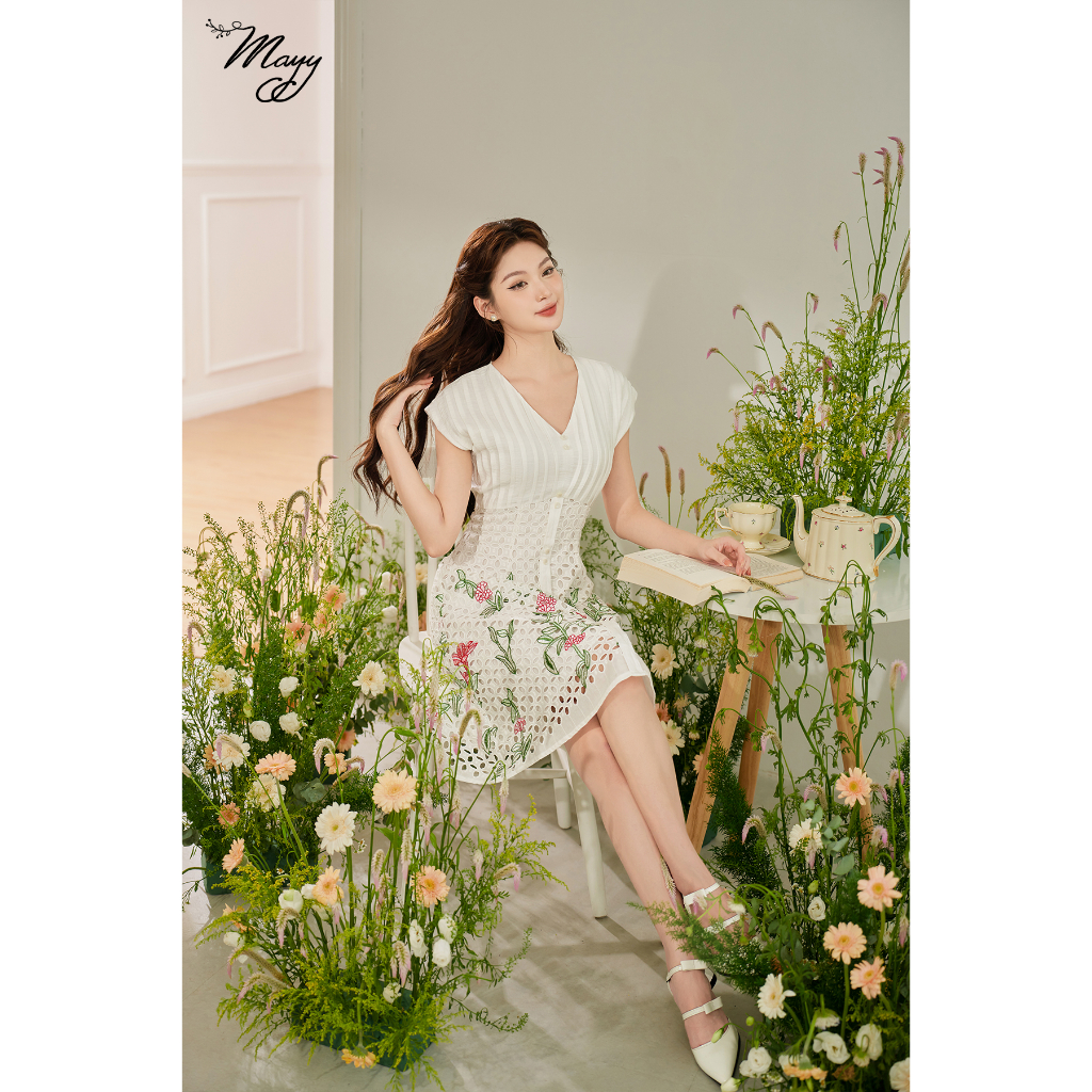 Váy thiết kế MAYY FASHION thô đũi trắng cổ V tay chờm Juliet