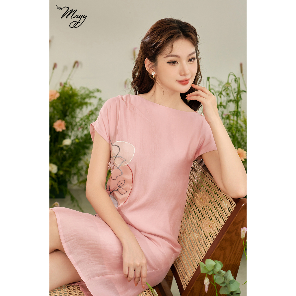 Váy thiết kế cao cấp MAYY FASHION tơ hồng thêu hoa Hồng Hoa