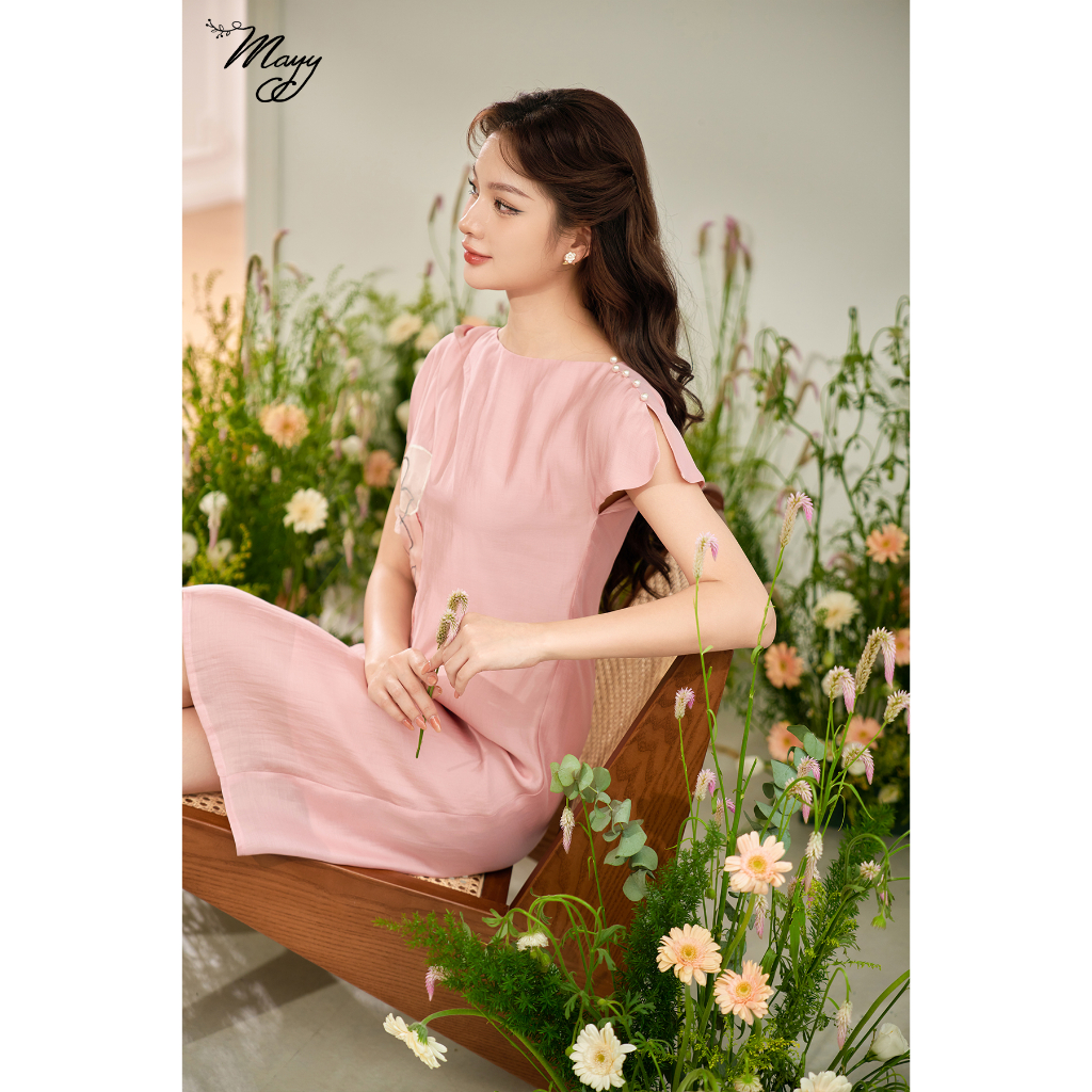 Váy thiết kế cao cấp MAYY FASHION tơ hồng thêu hoa Hồng Hoa