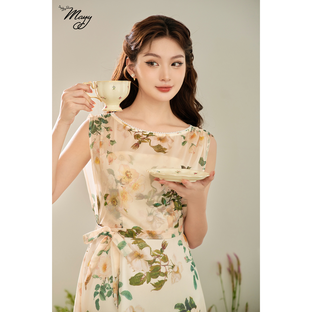 Đầm thiết kế cao cấp MAYY FASHION tơ óng hoa vàng nhạt kẹp ren Nam Phương