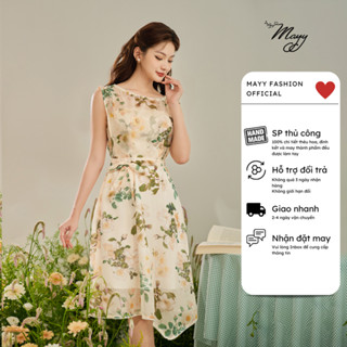 Đầm thiết kế cao cấp MAYY FASHION tơ óng hoa vàng nhạt kẹp ren Nam Phương