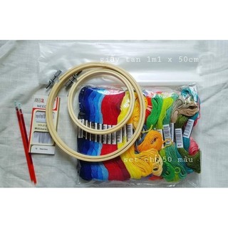Kit thêu đầy đủ gồm 50 chỉ, khung thêu, kim thêu, xỏ chỉ thêu