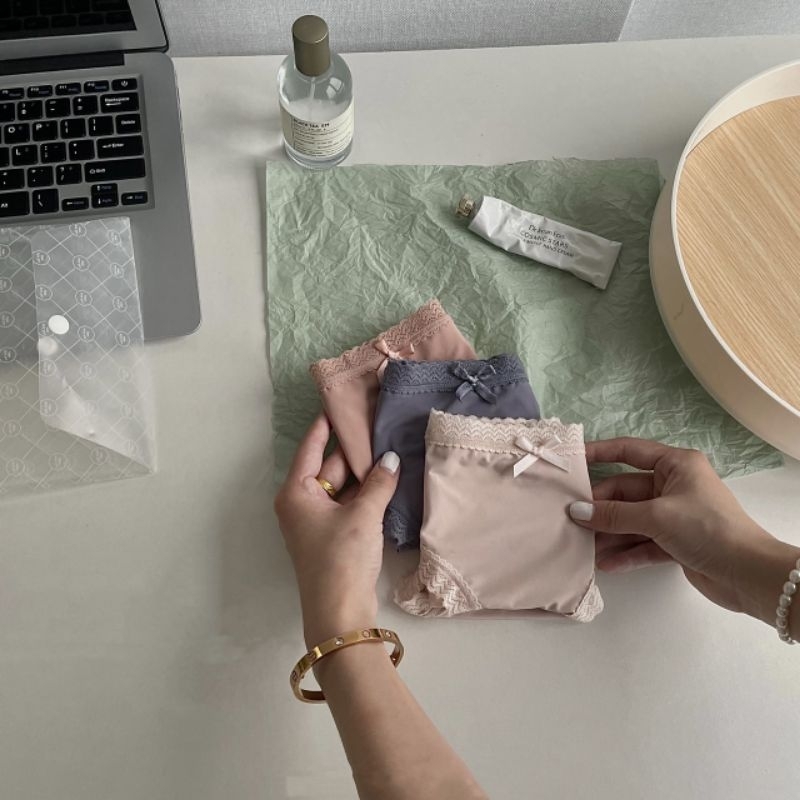 K6  Set 3 Quần Lót Su Đúc Viền Ren Chất Siêu Mát, Lót Cotton Thoáng Khí, Co Giãn Tốt Freesize < 60kg