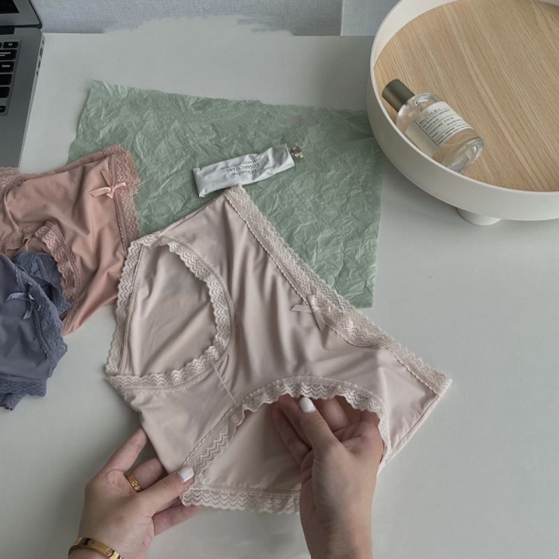 K6  Set 3 Quần Lót Su Đúc Viền Ren Chất Siêu Mát, Lót Cotton Thoáng Khí, Co Giãn Tốt Freesize < 60kg