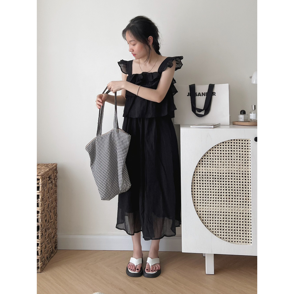 Set Lụa Voan Áo Hai Dây Kèm chân Váy Quảng Châu, Full 6 Màu, Đi du lịch sang chảnh, Hàng Loại 1, Freesize