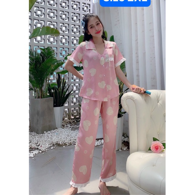 SALE Bộ pijama lụa satin viền bèo💎 có túi quần, tay dài, tay ngắn