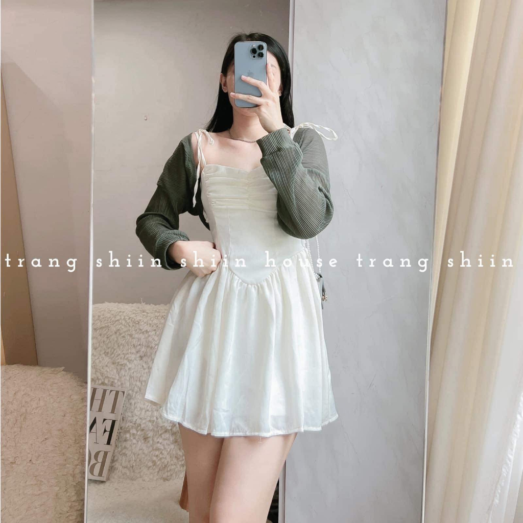 Set Bộ Váy Nữ Váy 2 Dây Tơ Nhũ Trắng Rúm Ngực 2 Lớp Mix Áo Khoác Cadigan Dài Tay Màu Râu Freesize